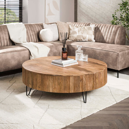 Couchtisch MILO GRAND  XL-Rundtisch aus Mangoholz im Lamellen-Design