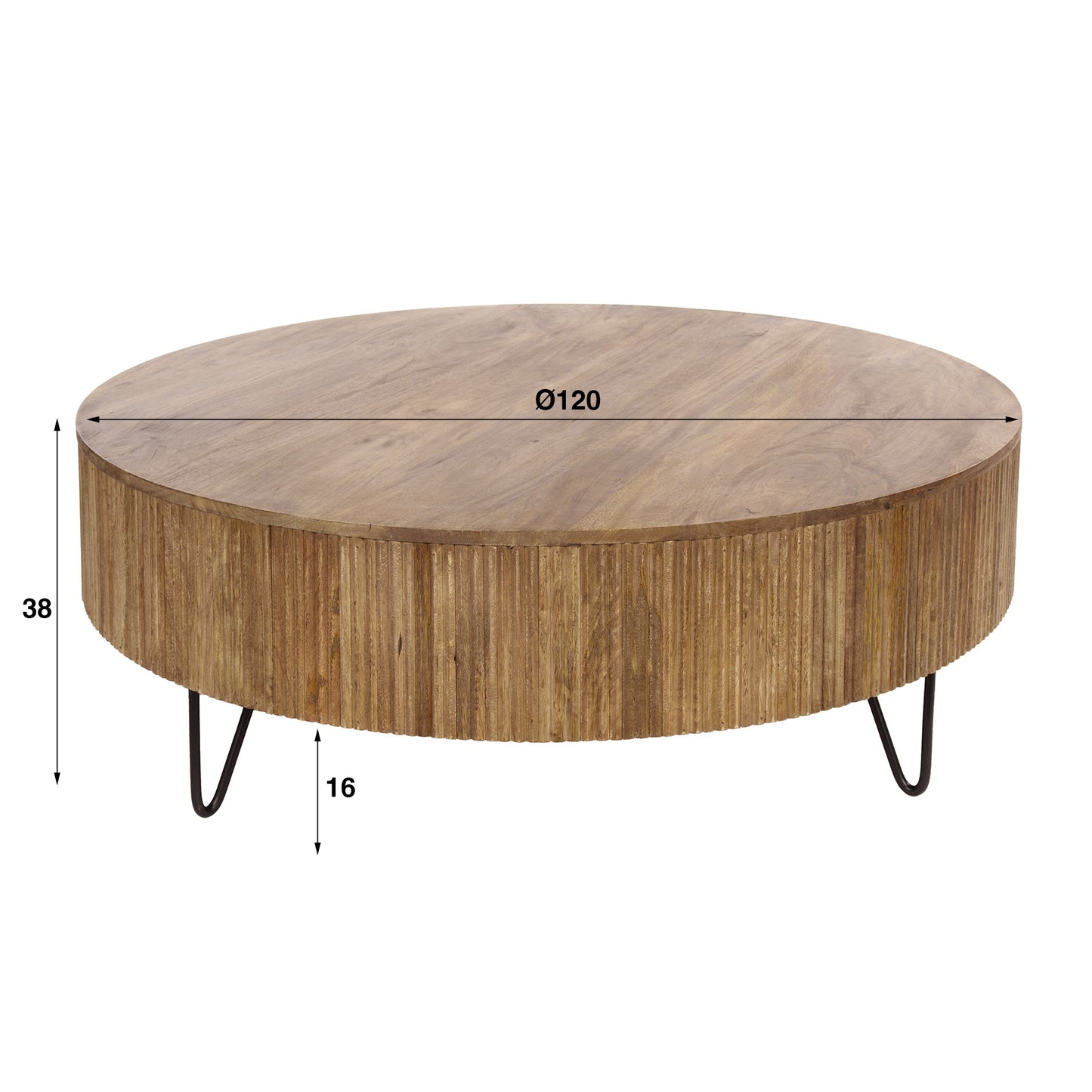 Couchtisch MILO GRAND  XL-Rundtisch aus Mangoholz im Lamellen-Design