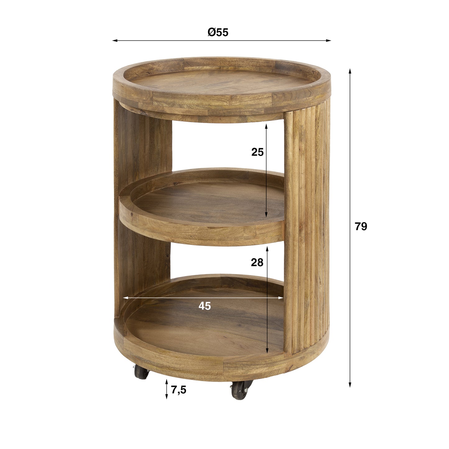 Servierwagen & Weintrolley WAVE ELEGANCE Runder Barwagen aus Mangoholz mit Lamellen-Design