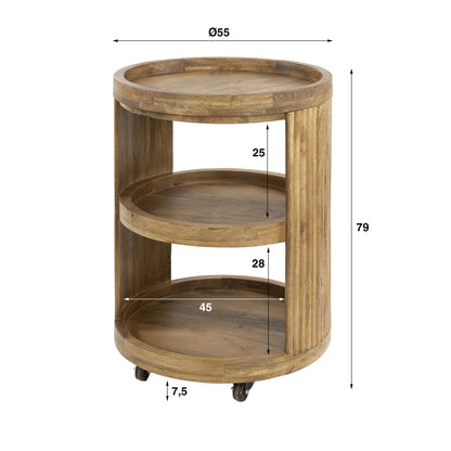 Servierwagen & Weintrolley WAVE ELEGANCE Runder Barwagen aus Mangoholz mit Lamellen-Design