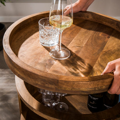 Servierwagen & Weintrolley WAVE ELEGANCE Runder Barwagen aus Mangoholz mit Lamellen-Design