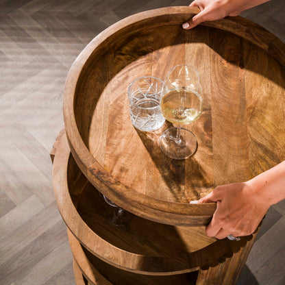 Servierwagen & Weintrolley WAVE ELEGANCE Runder Barwagen aus Mangoholz mit Lamellen-Design