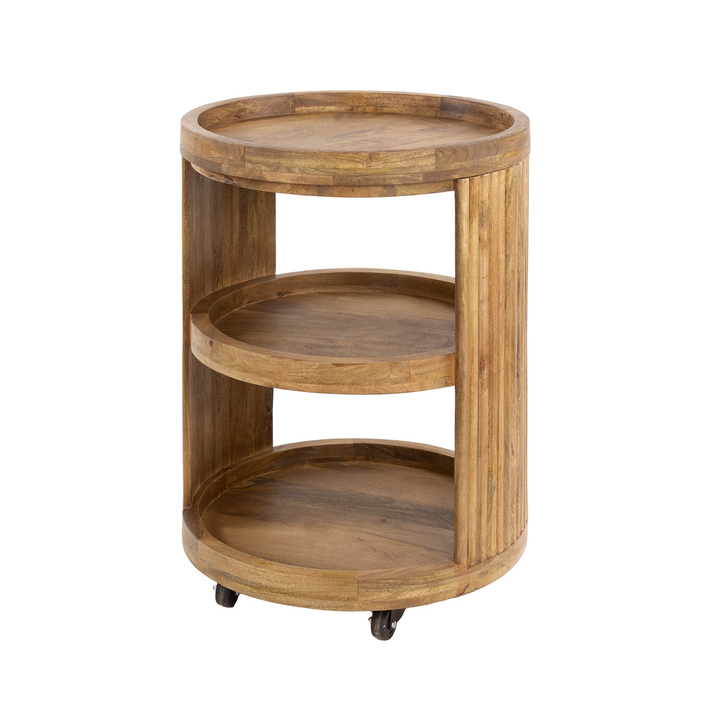 Servierwagen & Weintrolley WAVE ELEGANCE Runder Barwagen aus Mangoholz mit Lamellen-Design
