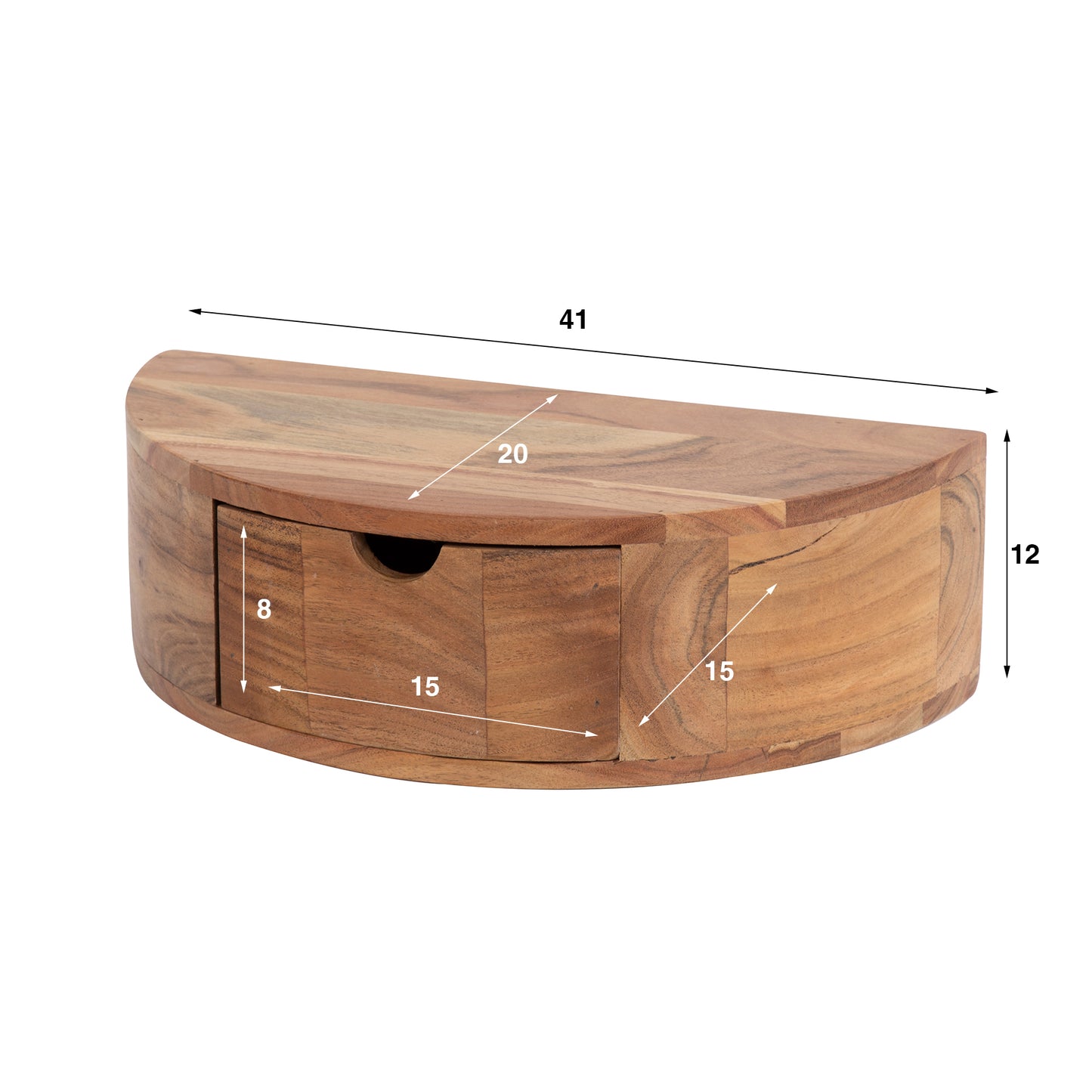 Nachttisch CURVE Schwebende, halbrunde Nachtkonsole aus massiver Akazie mit Schublade