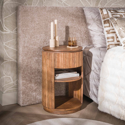 Nachttisch WAVE Runder Massivholz-Nachttisch aus Mangoholz mit Wellenmuster und Schublade
