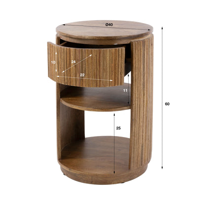 Nachttisch WAVE Runder Massivholz-Nachttisch aus Mangoholz mit Wellenmuster und Schublade