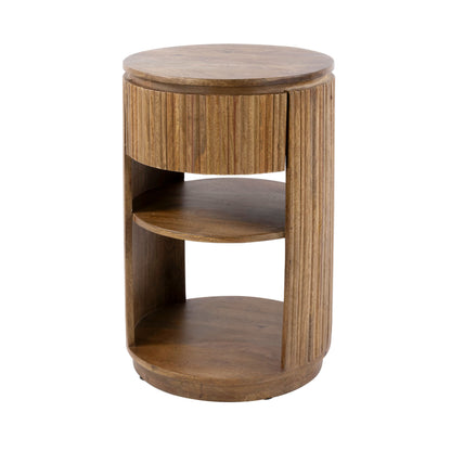 Nachttisch WAVE Runder Massivholz-Nachttisch aus Mangoholz mit Wellenmuster und Schublade