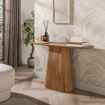 Konsolentisch WAVE Ovale Massivholz-Konsole aus Mangoholz mit Relief-Säulenfuß