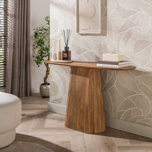Konsolentisch WAVE Ovale Massivholz-Konsole aus Mangoholz mit Relief-Säulenfuß