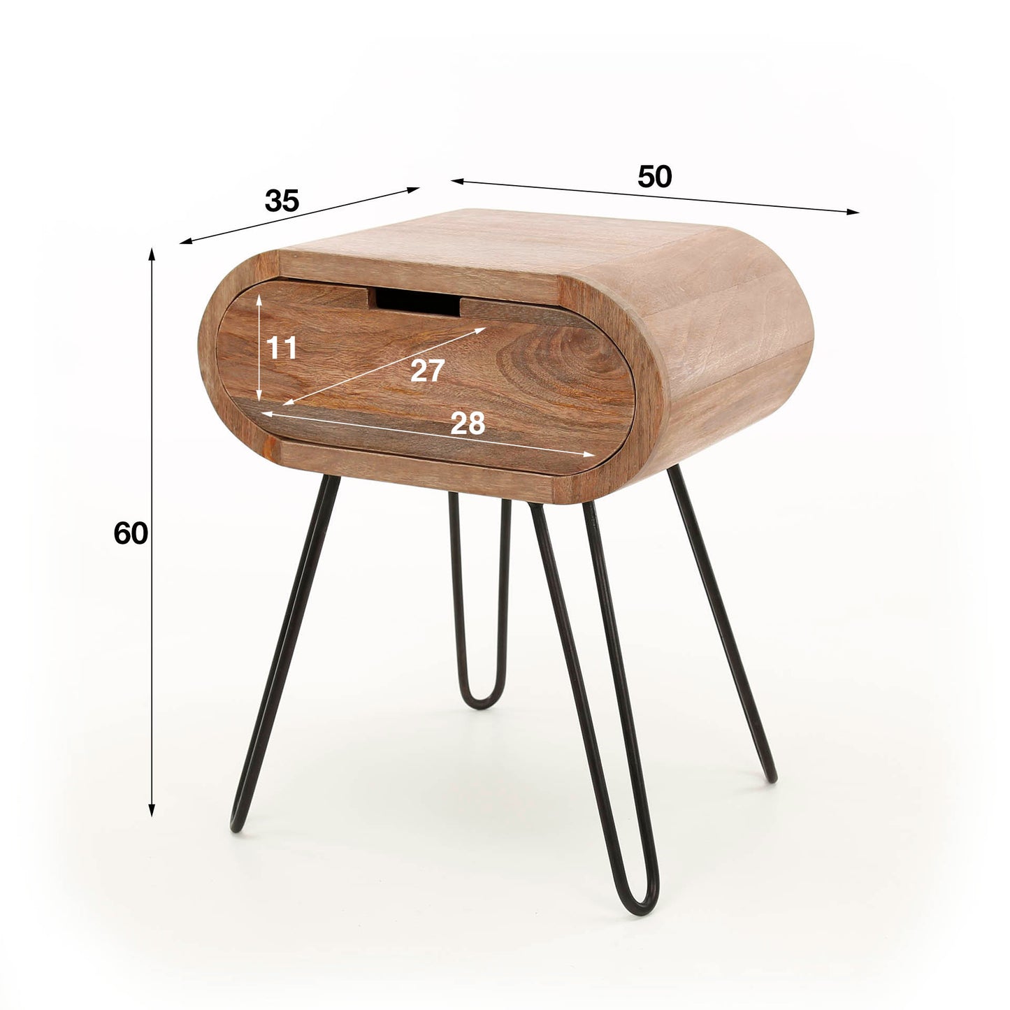 Nachttisch BARREL RETRO Ovale Nachtkonsole aus Mangoholz mit Hairpin-Beinen
