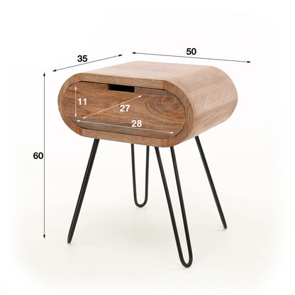 Nachttisch BARREL RETRO Ovale Nachtkonsole aus Mangoholz mit Hairpin-Beinen