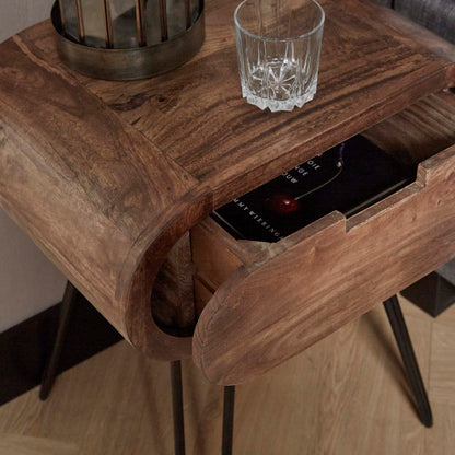 Nachttisch BARREL RETRO Ovale Nachtkonsole aus Mangoholz mit Hairpin-Beinen