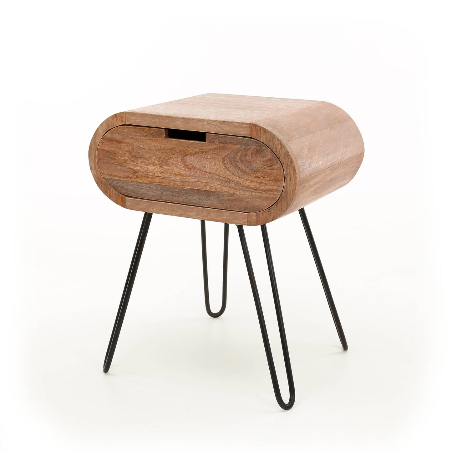 Nachttisch BARREL RETRO Ovale Nachtkonsole aus Mangoholz mit Hairpin-Beinen