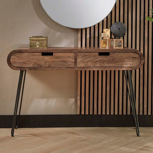 Konsolen- & Schminktisch BARREL RETRO Ovale Flurkonsole aus Mangoholz mit Hairpin-Beinen