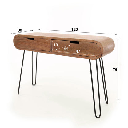 Konsolen- & Schminktisch BARREL RETRO Ovale Flurkonsole aus Mangoholz mit Hairpin-Beinen