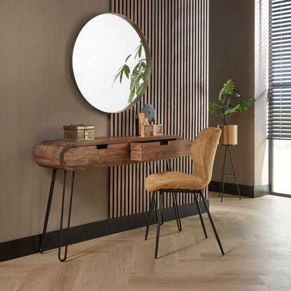 Konsolen- & Schminktisch BARREL RETRO Ovale Flurkonsole aus Mangoholz mit Hairpin-Beinen