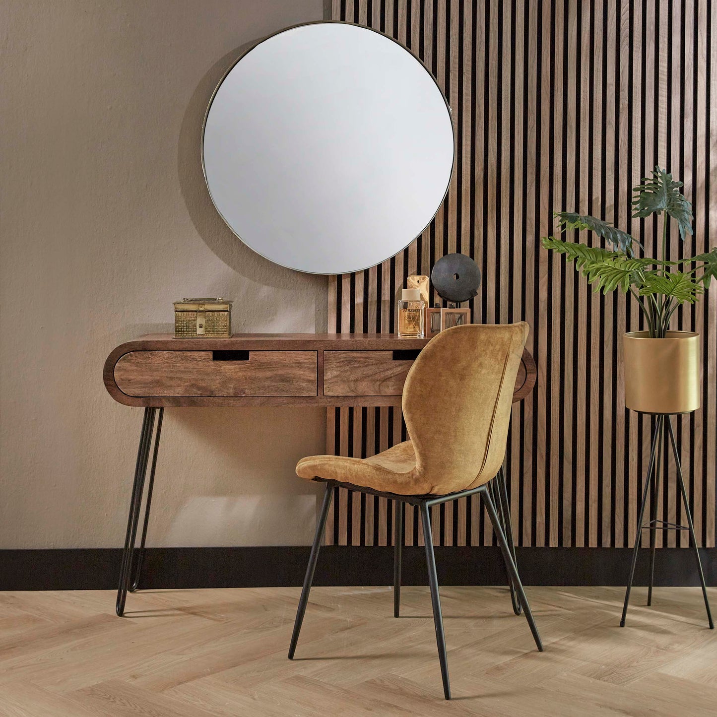 Konsolen- & Schminktisch BARREL RETRO Ovale Flurkonsole aus Mangoholz mit Hairpin-Beinen