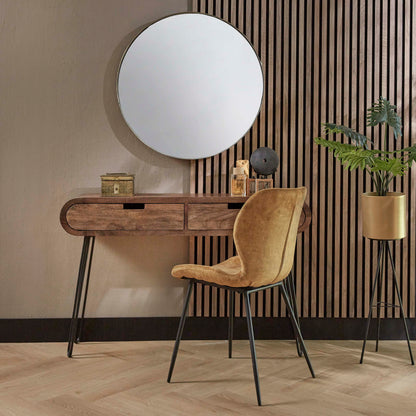 Konsolen- & Schminktisch BARREL RETRO Ovale Flurkonsole aus Mangoholz mit Hairpin-Beinen
