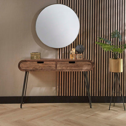 Konsolen- & Schminktisch BARREL RETRO Ovale Flurkonsole aus Mangoholz mit Hairpin-Beinen