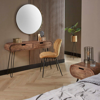 Konsolen- & Schminktisch BARREL RETRO Ovale Flurkonsole aus Mangoholz mit Hairpin-Beinen