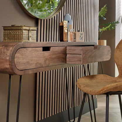 Konsolen- & Schminktisch BARREL RETRO Ovale Flurkonsole aus Mangoholz mit Hairpin-Beinen