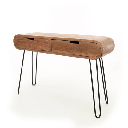 Konsolen- & Schminktisch BARREL RETRO Ovale Flurkonsole aus Mangoholz mit Hairpin-Beinen