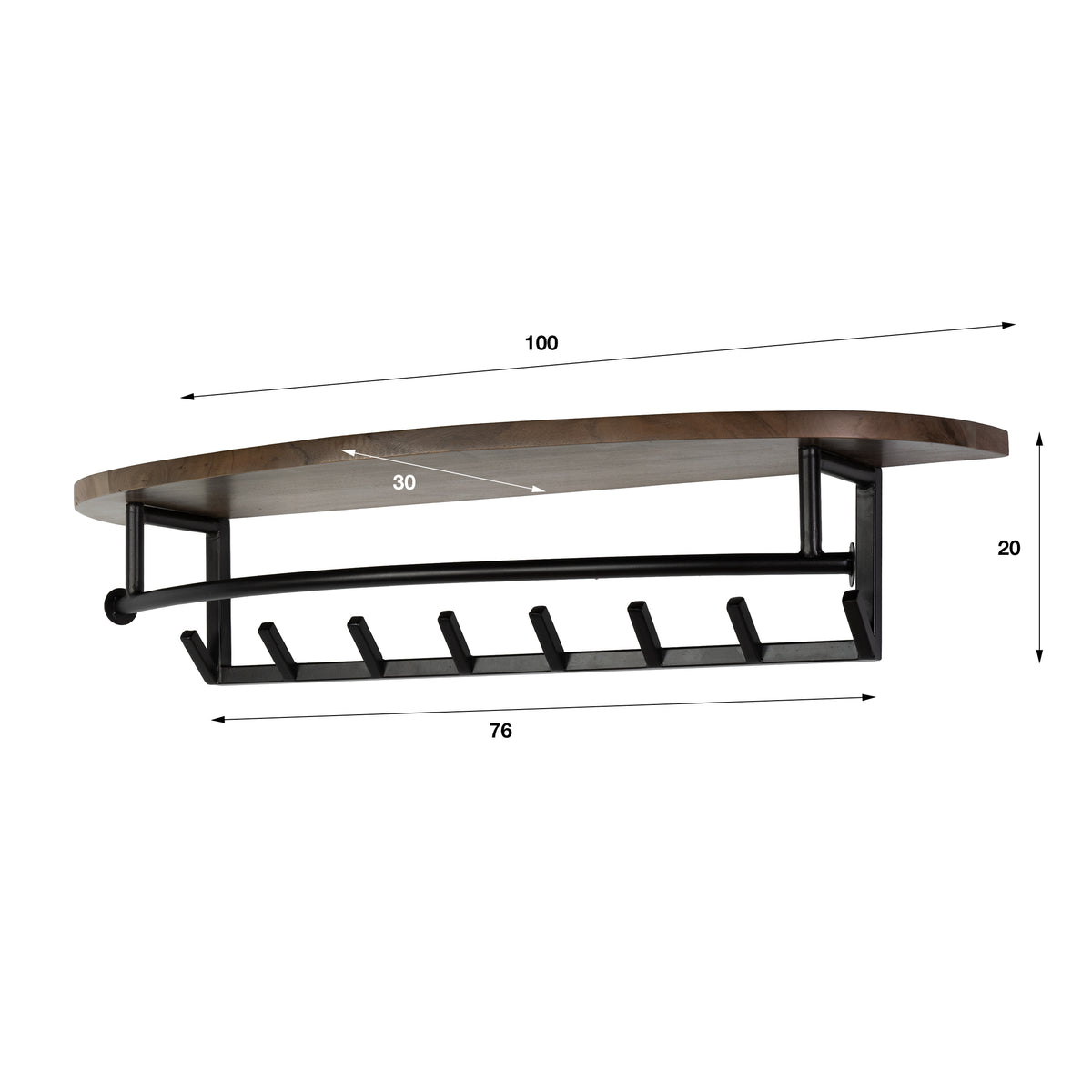 Wandgarderobe ROUND Massives Akazienholz mit Hutablage, Kleiderstange und 8 Haken