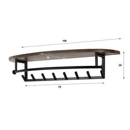 Wandgarderobe ROUND Massives Akazienholz mit Hutablage, Kleiderstange und 8 Haken