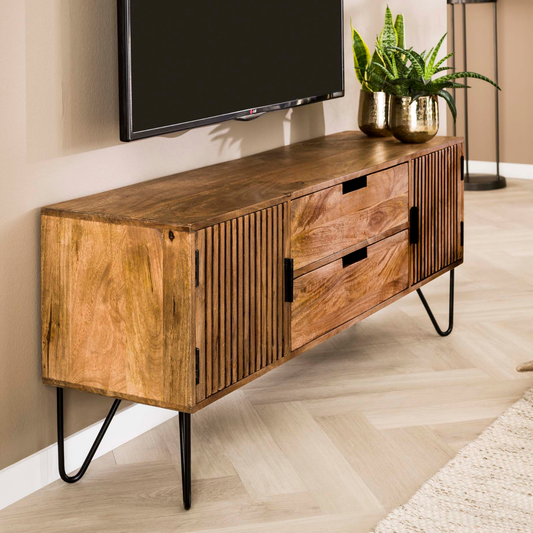 TV-Schrank LINEA Massivholz-Lowboard mit Lamellentüren & Hairpin-Legs 135cm