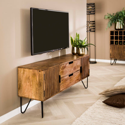 TV-Schrank LINEA Massivholz-Lowboard mit Lamellentüren & Hairpin-Legs 135cm
