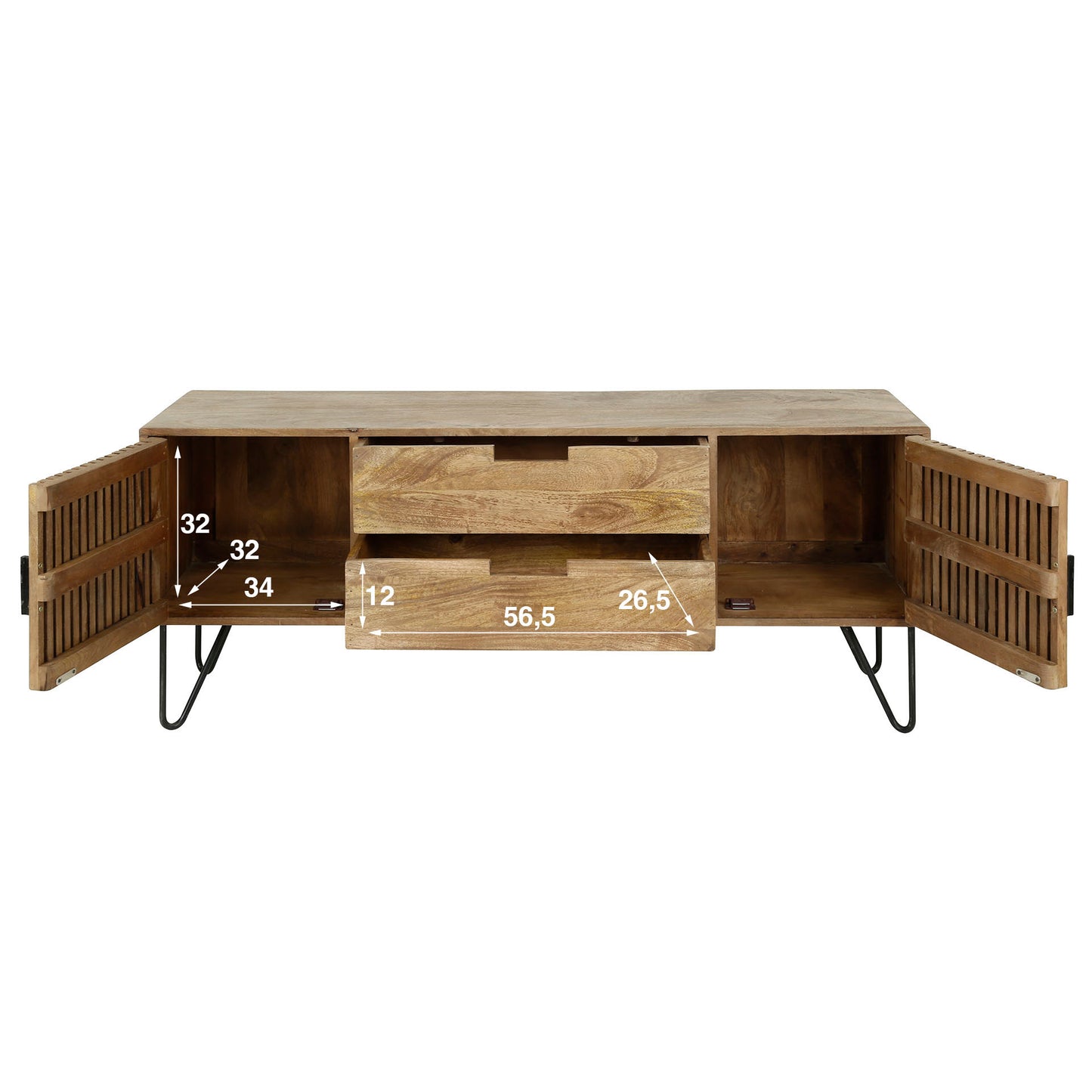 TV-Schrank LINEA Massivholz-Lowboard mit Lamellentüren & Hairpin-Legs 135cm