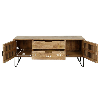 TV-Schrank LINEA Massivholz-Lowboard mit Lamellentüren & Hairpin-Legs 135cm