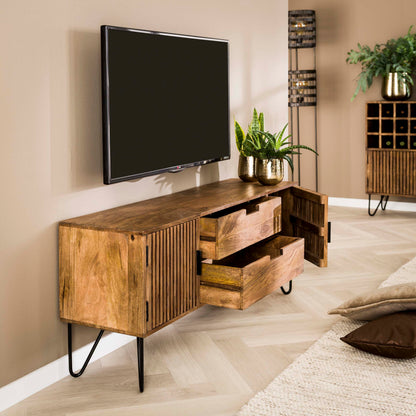 TV-Schrank LINEA Massivholz-Lowboard mit Lamellentüren & Hairpin-Legs 135cm