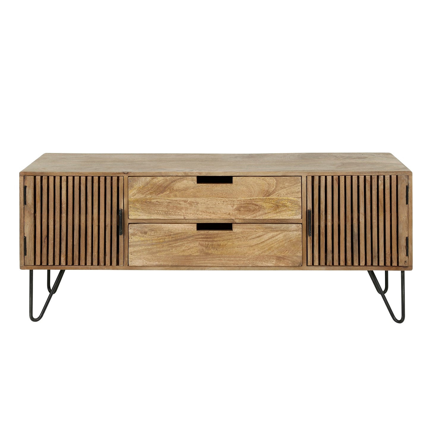 TV-Schrank LINEA Massivholz-Lowboard mit Lamellentüren & Hairpin-Legs 135cm