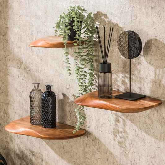 Wandregal-Set ORGANIC FLOW 3 schwebende Massivholz-Regale aus Akazie in Naturform
