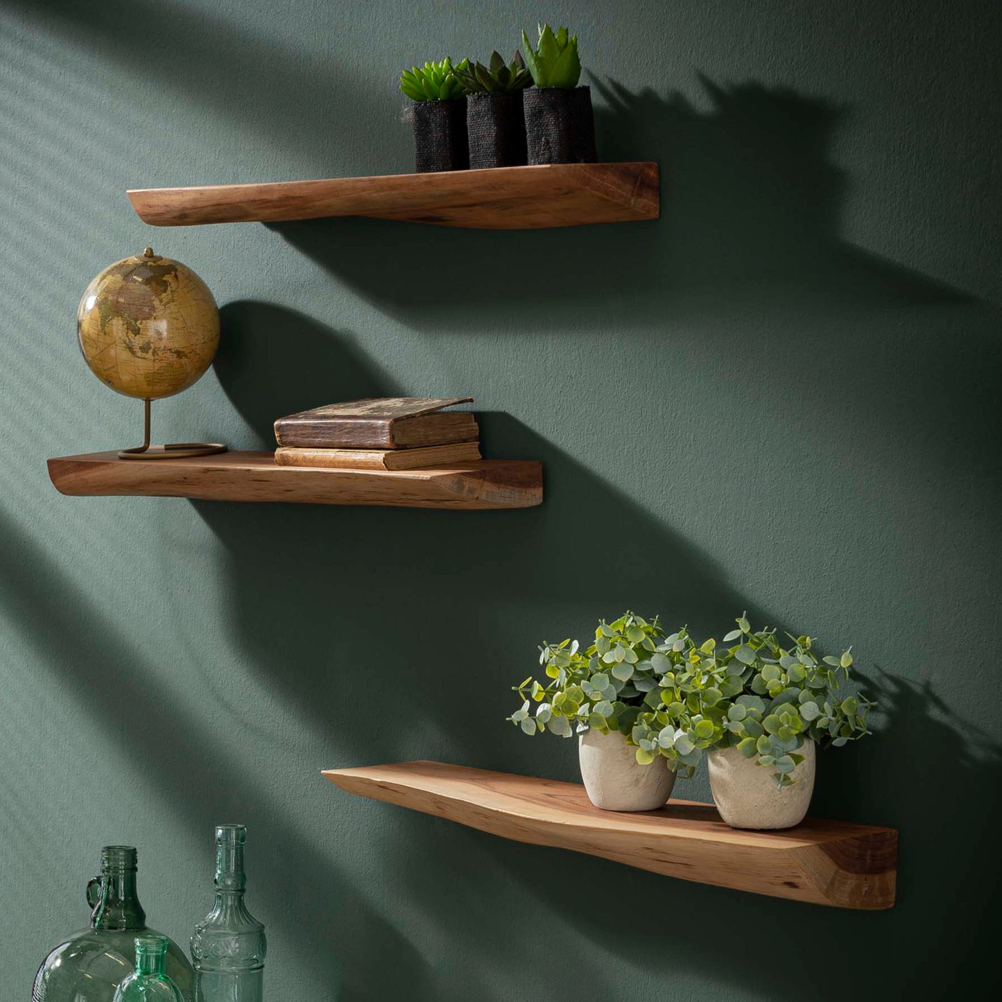 Wandregal-Set EDGE NATURE 3 schwebende Massivholz-Regale mit echter Baumkante 60 cm