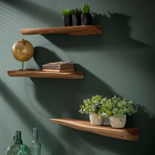 Wandregal-Set EDGE NATURE 3 schwebende Massivholz-Regale mit echter Baumkante 60 cm
