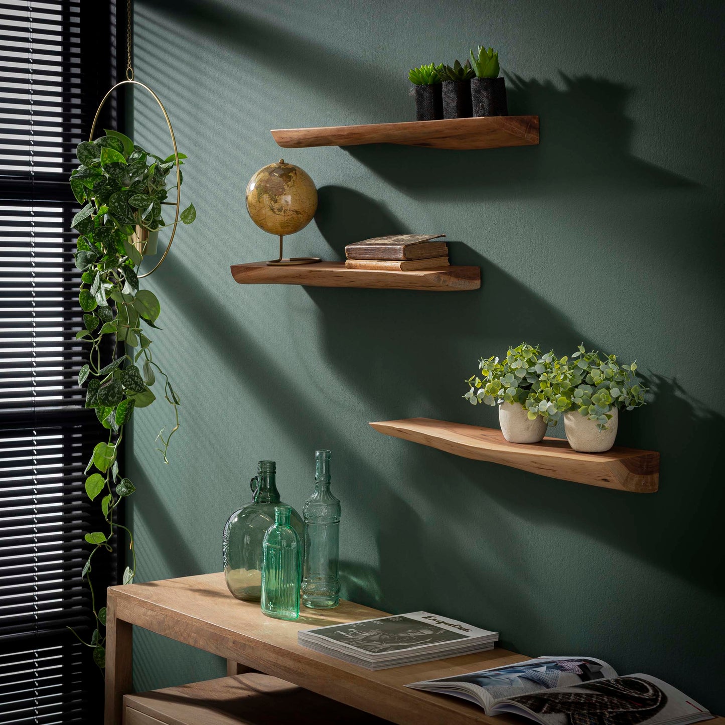 Wandregal-Set EDGE NATURE 3 schwebende Massivholz-Regale mit echter Baumkante 60 cm