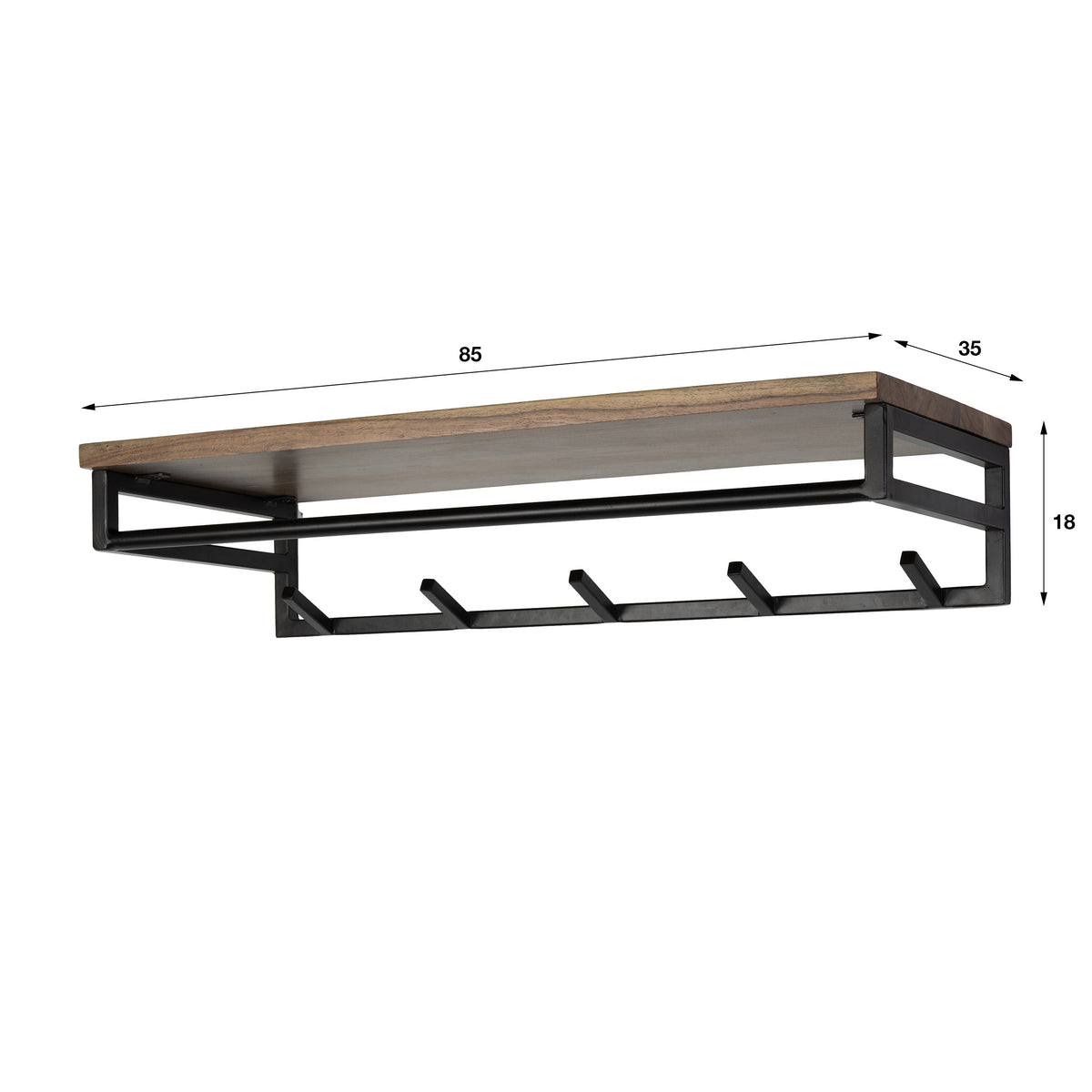 Wandgarderobe CUSTOM Massives Akazienholz mit Metallgestell, Kleiderstange & 5 Haken