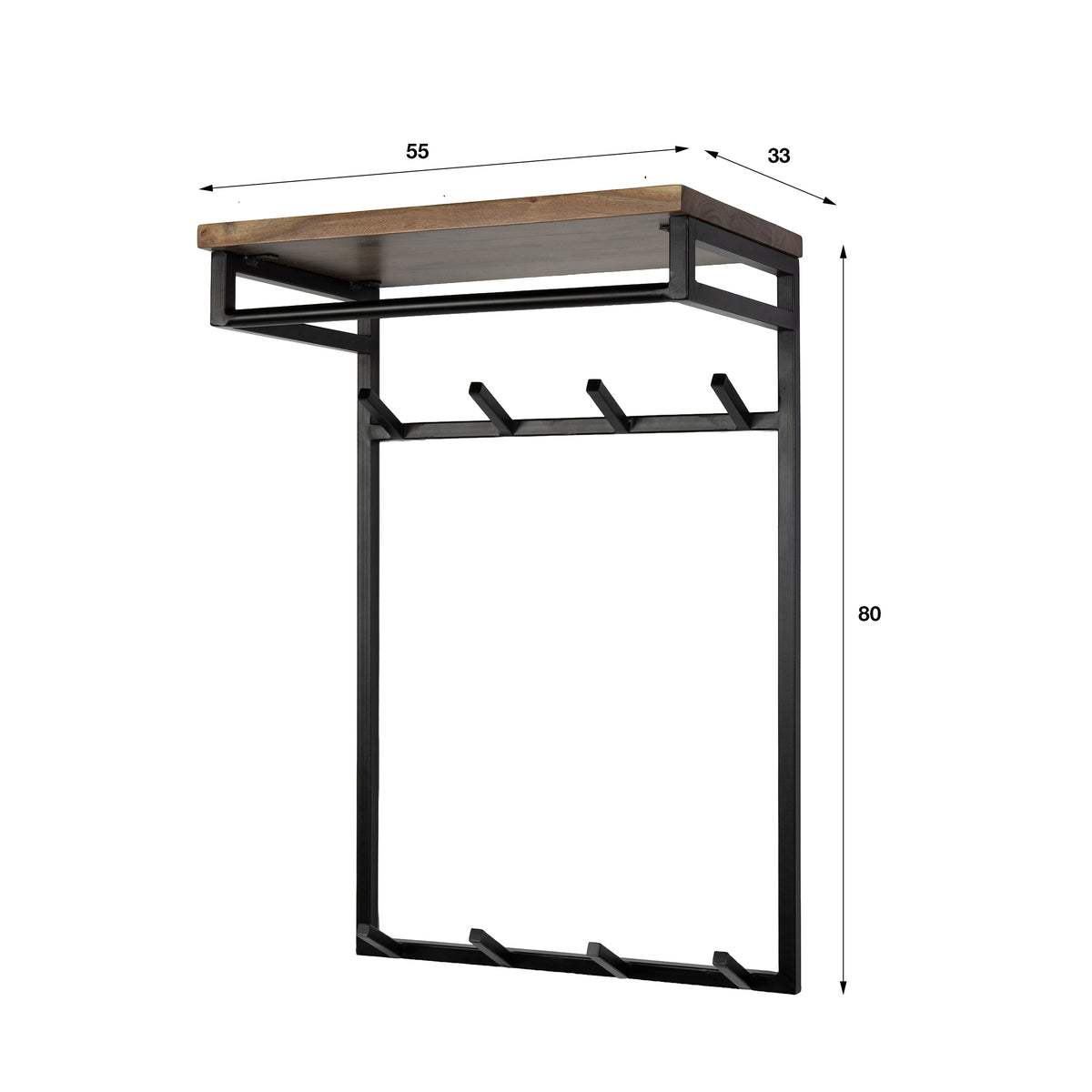 Wandgarderobe CUSTOM HOCH Vertikale Flurgarderobe aus massivem Akazienholz mit Metallgestell, Kleiderstange & 8 Haken