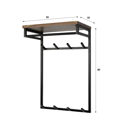 Wandgarderobe CUSTOM HOCH Vertikale Flurgarderobe aus massivem Akazienholz mit Metallgestell, Kleiderstange & 8 Haken