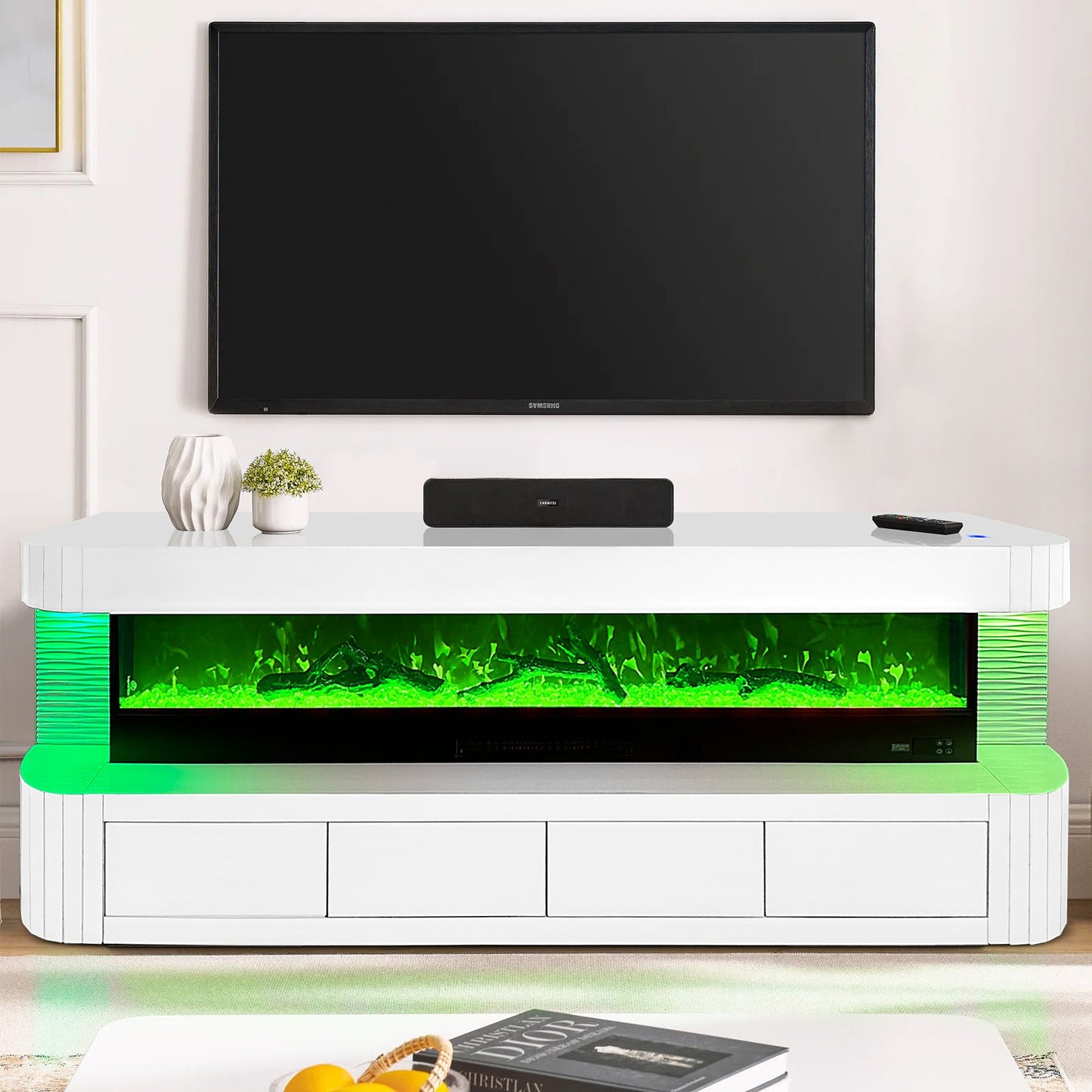 TV-Schrank Luxus Sideboard FLAMORA Kamin Funktion LED 180cm Weiss