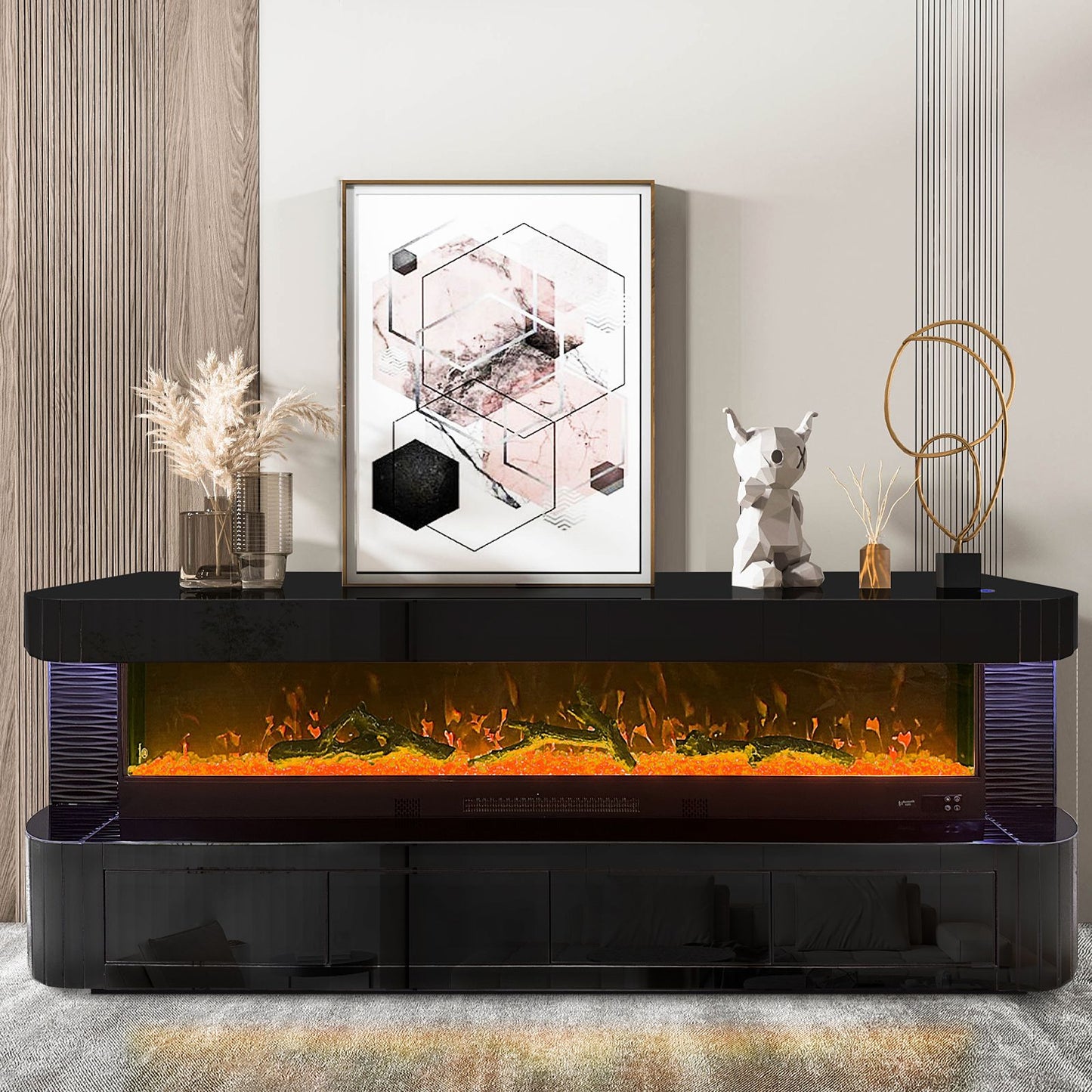 TV-Schrank Luxus Sideboard FLAMORA Kamin Funktion LED 180cm Schwarz