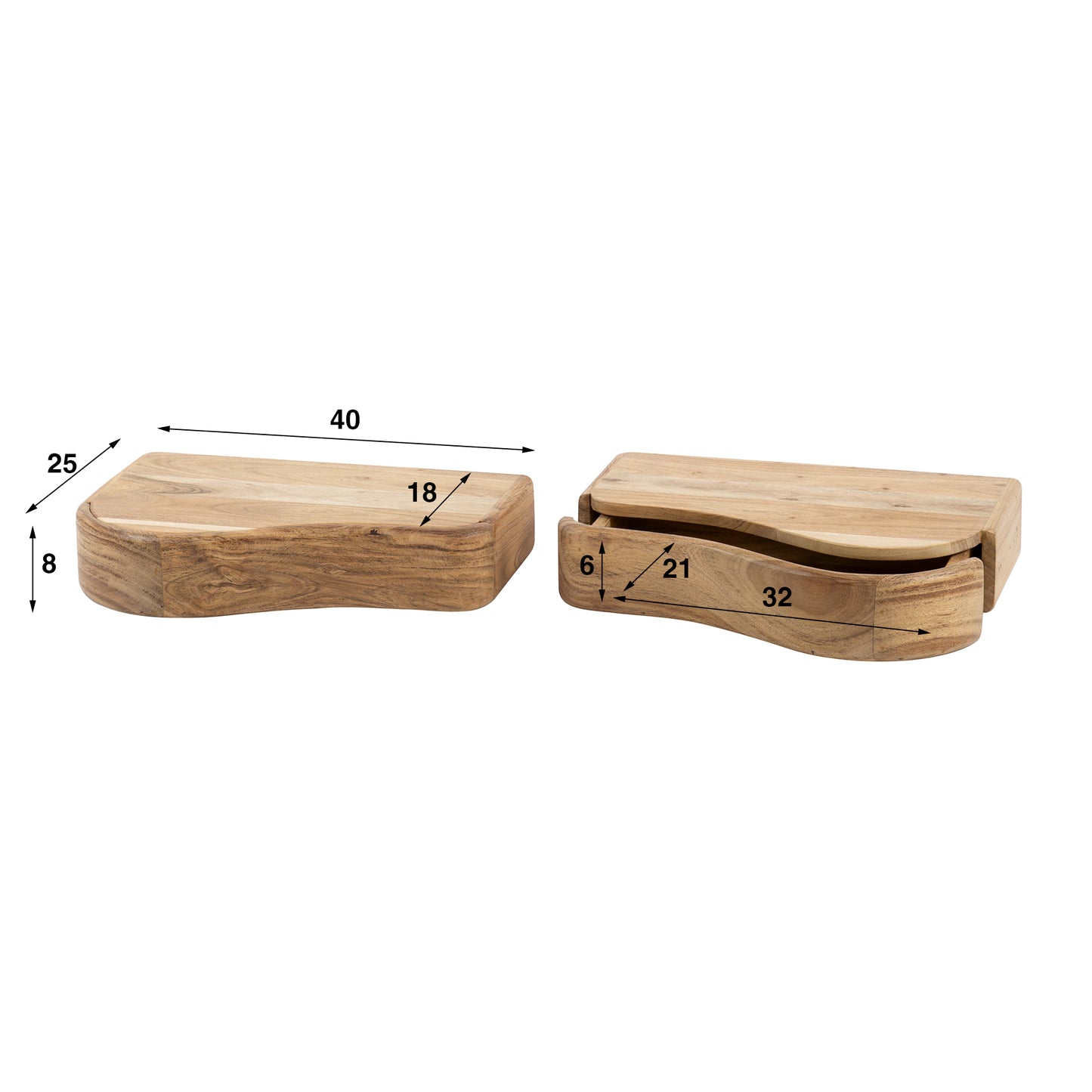 Nachttisch-Set ORGANIC FLOW 2 schwebende Massivholz-Konsolen aus Akazie mit Schublade
