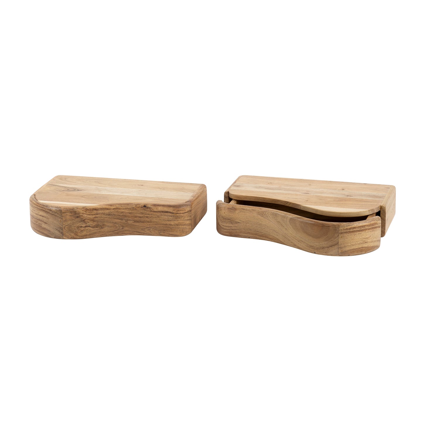 Nachttisch-Set ORGANIC FLOW 2 schwebende Massivholz-Konsolen aus Akazie mit Schublade