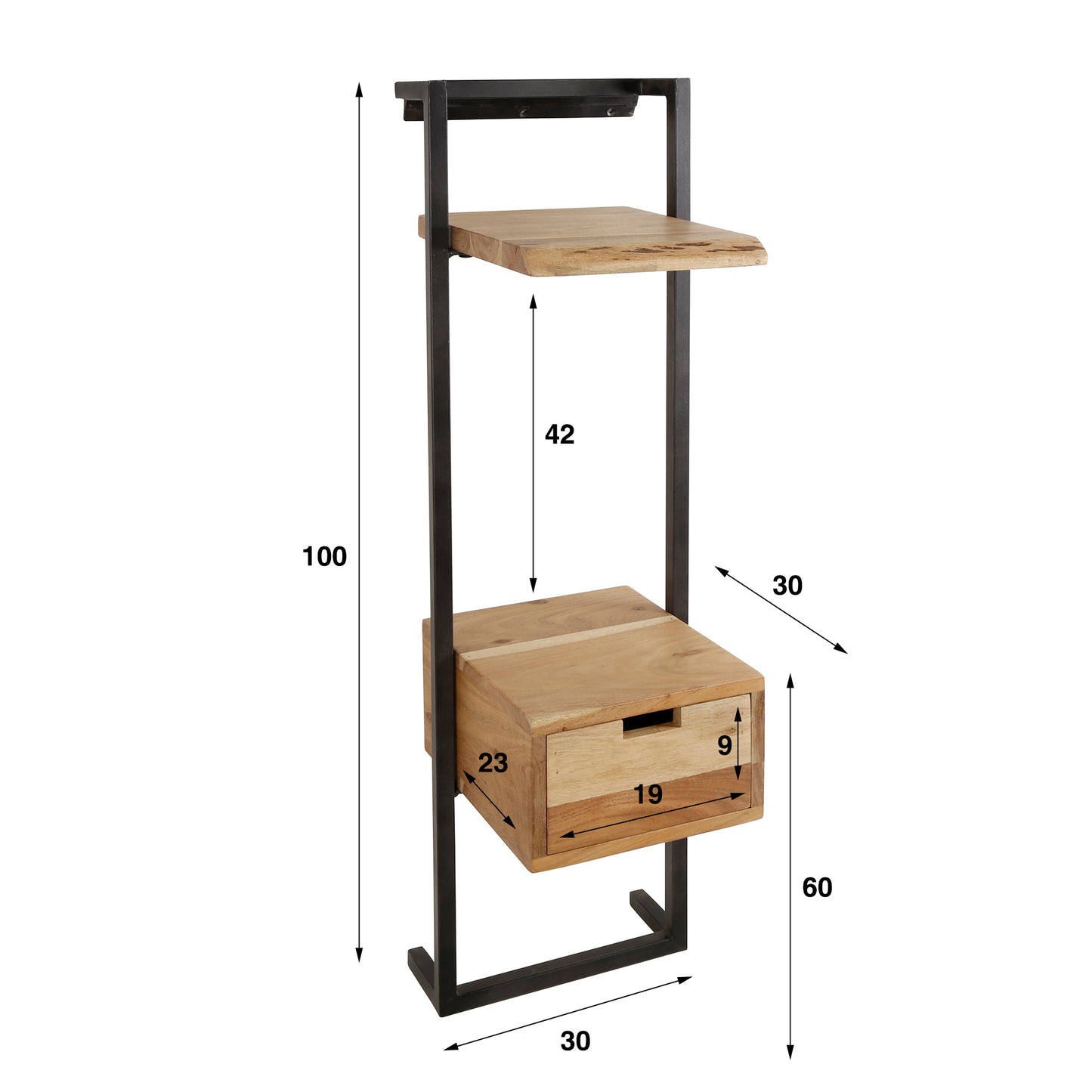 Nachttisch AIR SOLID XS Schwebende 1-Meter-Konsole mit Schublade & Ablage Akazienholz Natur