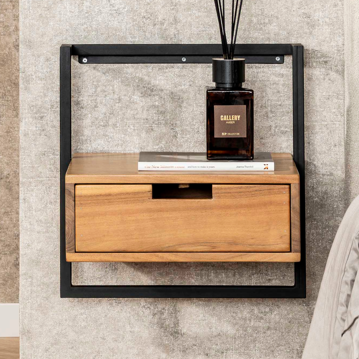 Nachttisch AIR SOLID Schwebende Industrial-Konsole mit Massivholz-Schublade Akazienholz Natur