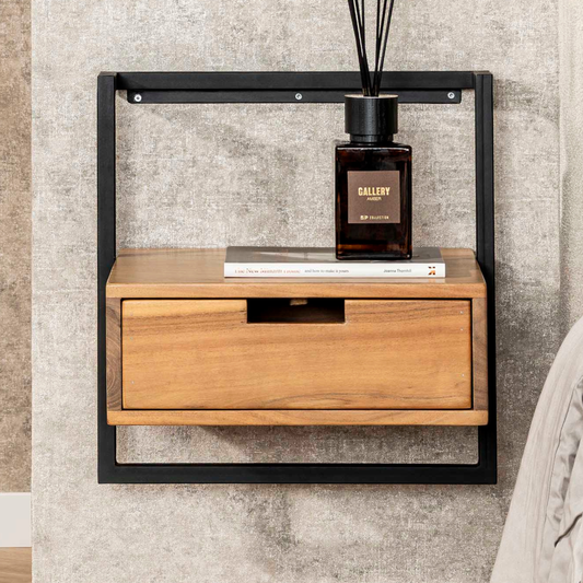 Nachttisch AIR SOLID Schwebende Industrial-Konsole mit Massivholz-Schublade Akazienholz Natur