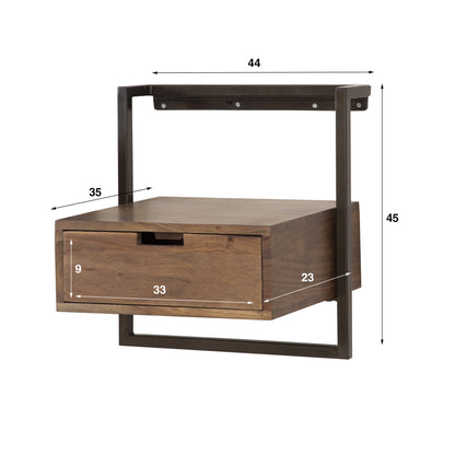 Nachttisch AIR SOLID Schwebende Industrial-Konsole mit Massivholz-Schublade Driftbraun