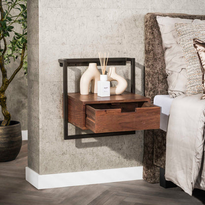 Nachttisch AIR SOLID Schwebende Industrial-Konsole mit Massivholz-Schublade Driftbraun